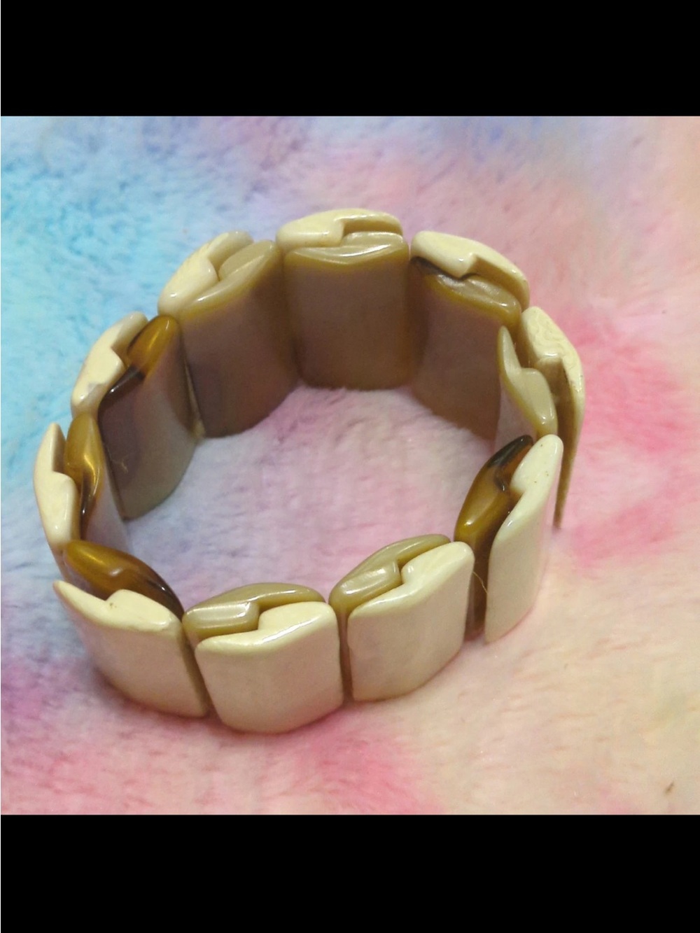 Reversible Neutral Beige & Brown Stretch Ring Mid-Century Modern Bracelet